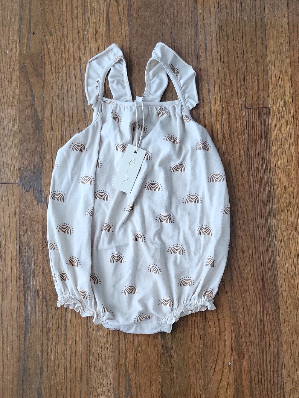 Rylee + Cru Cream Bubble Romper with Brown Rainbow Print